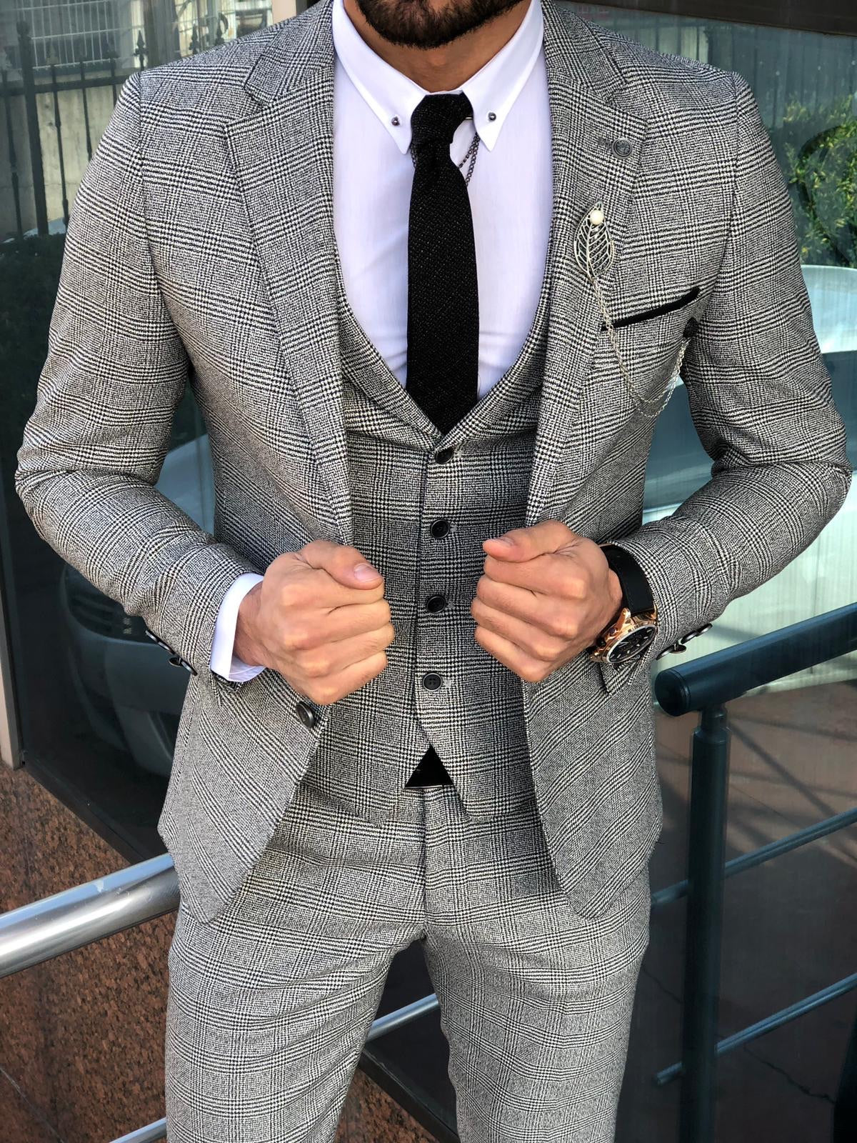Slim-Fit Plaid Suit Vest Gray-baagr.myshopify.com-suit-BOJONI