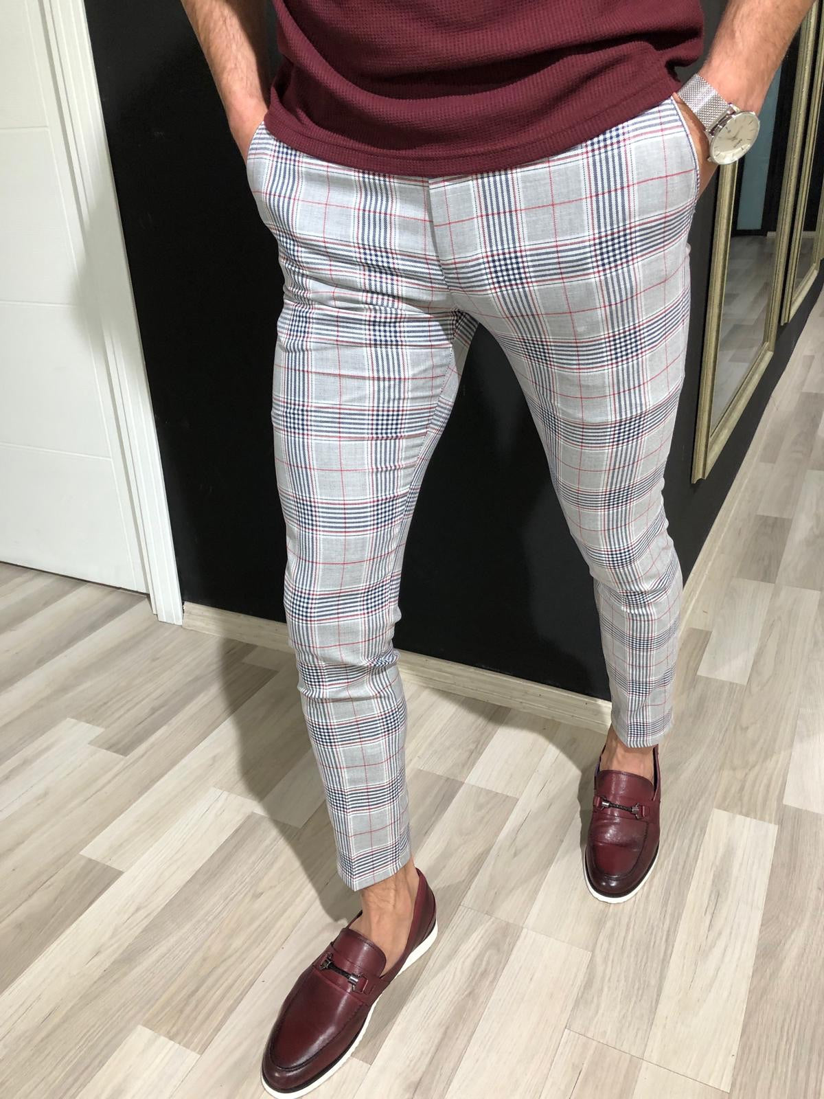 Slim Fit Plaid Pants in Claret Red-baagr.myshopify.com-Pants-BOJONI