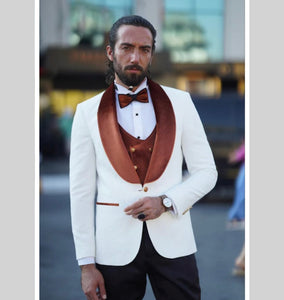 Rick Slim Fit Custom Design White & Brown Tuxedo