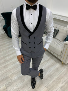 Fettachi Gray Slim Fit Velvet Peak Lapel Tuxedo-baagr.myshopify.com-1-BOJONI