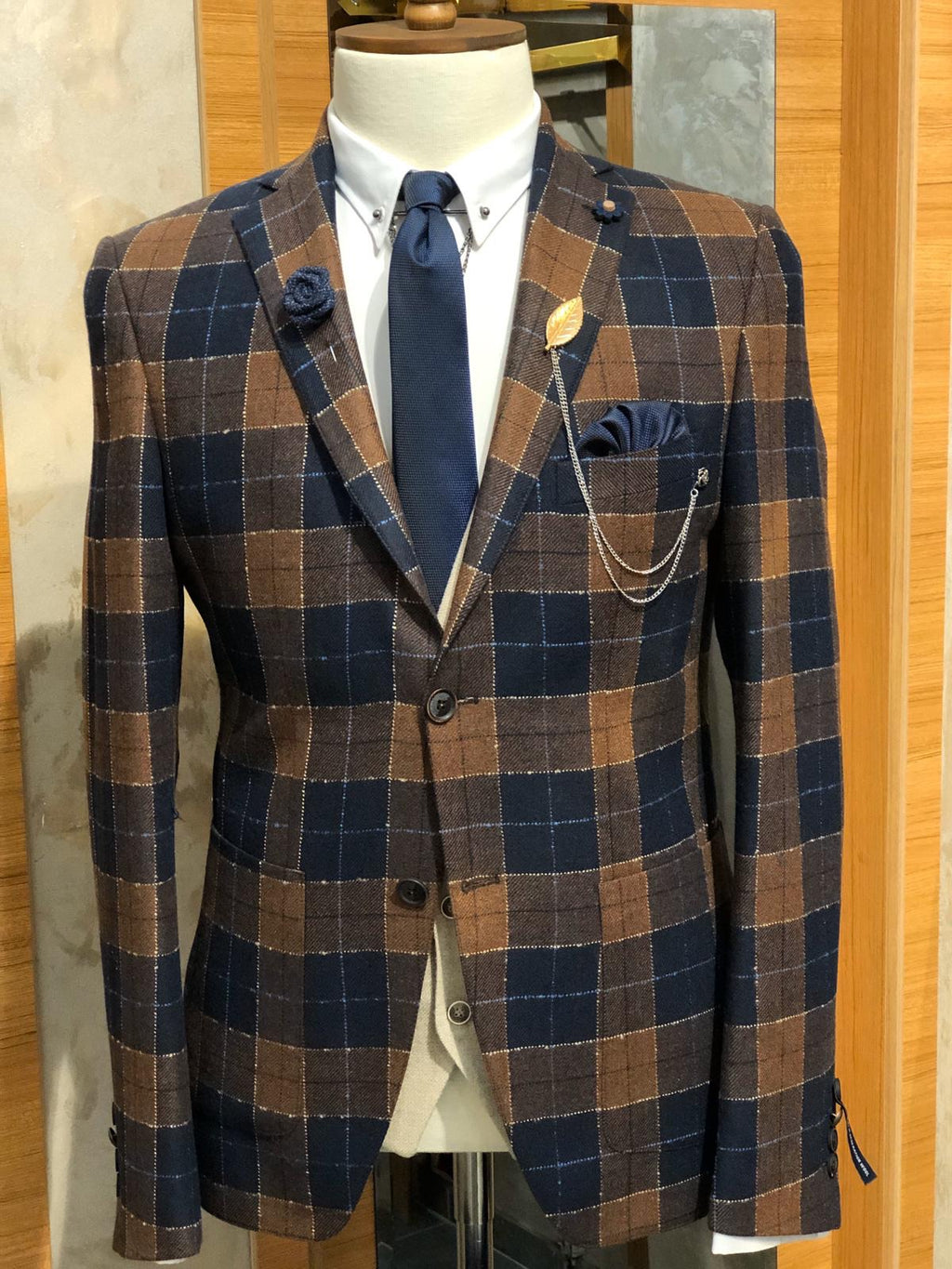 Planc Slim-Fit Plaid Wool Suit Dark Blue & Tile-baagr.myshopify.com-suit-BOJONI