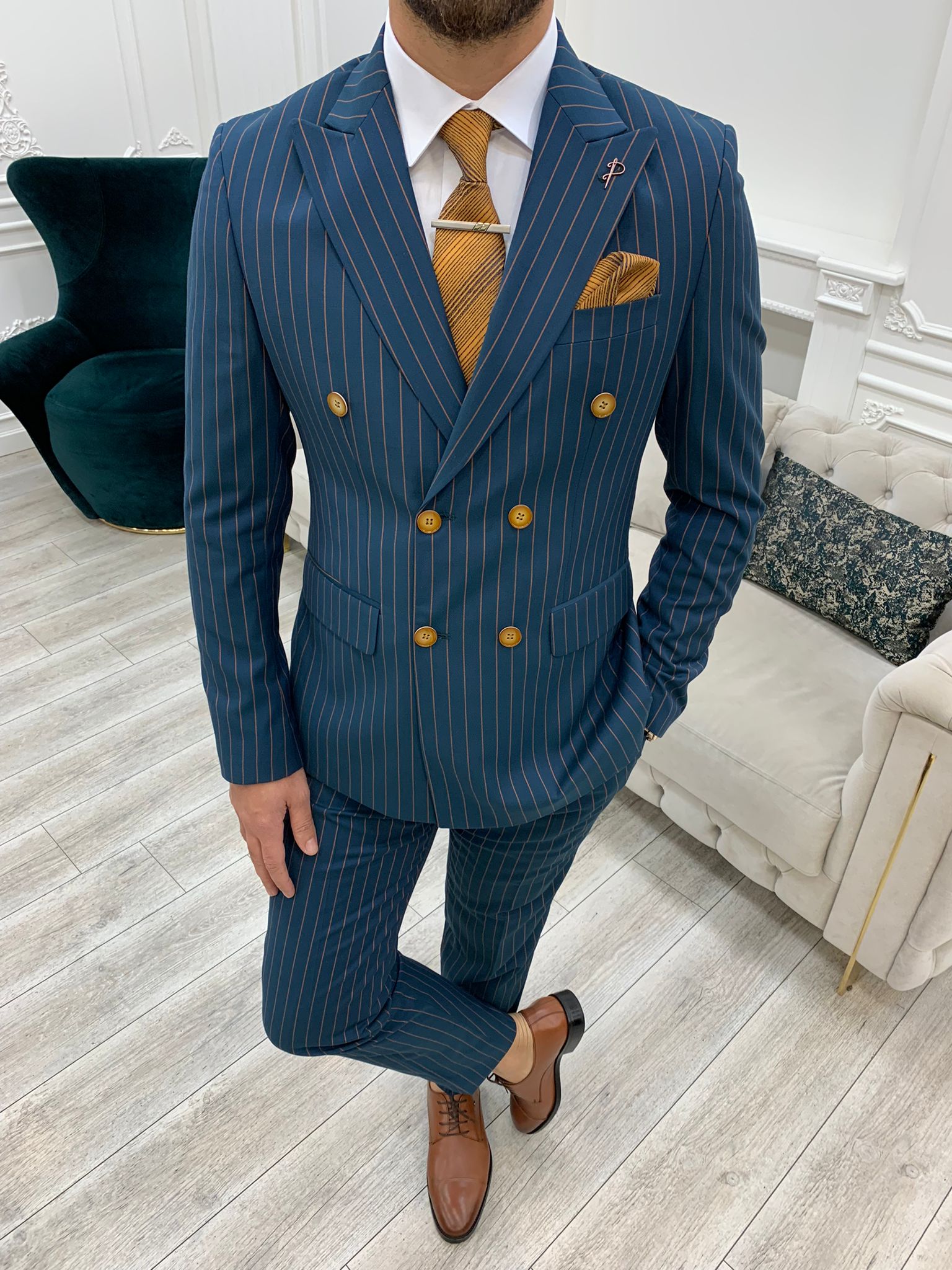 Bojoni Double Breasted Blue Slim Fit Suit