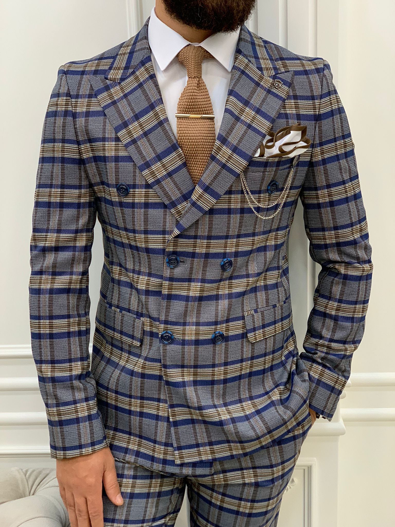 Vince Blue Slim Fit Double Breasted Plaid Suit-baagr.myshopify.com-1-BOJONI