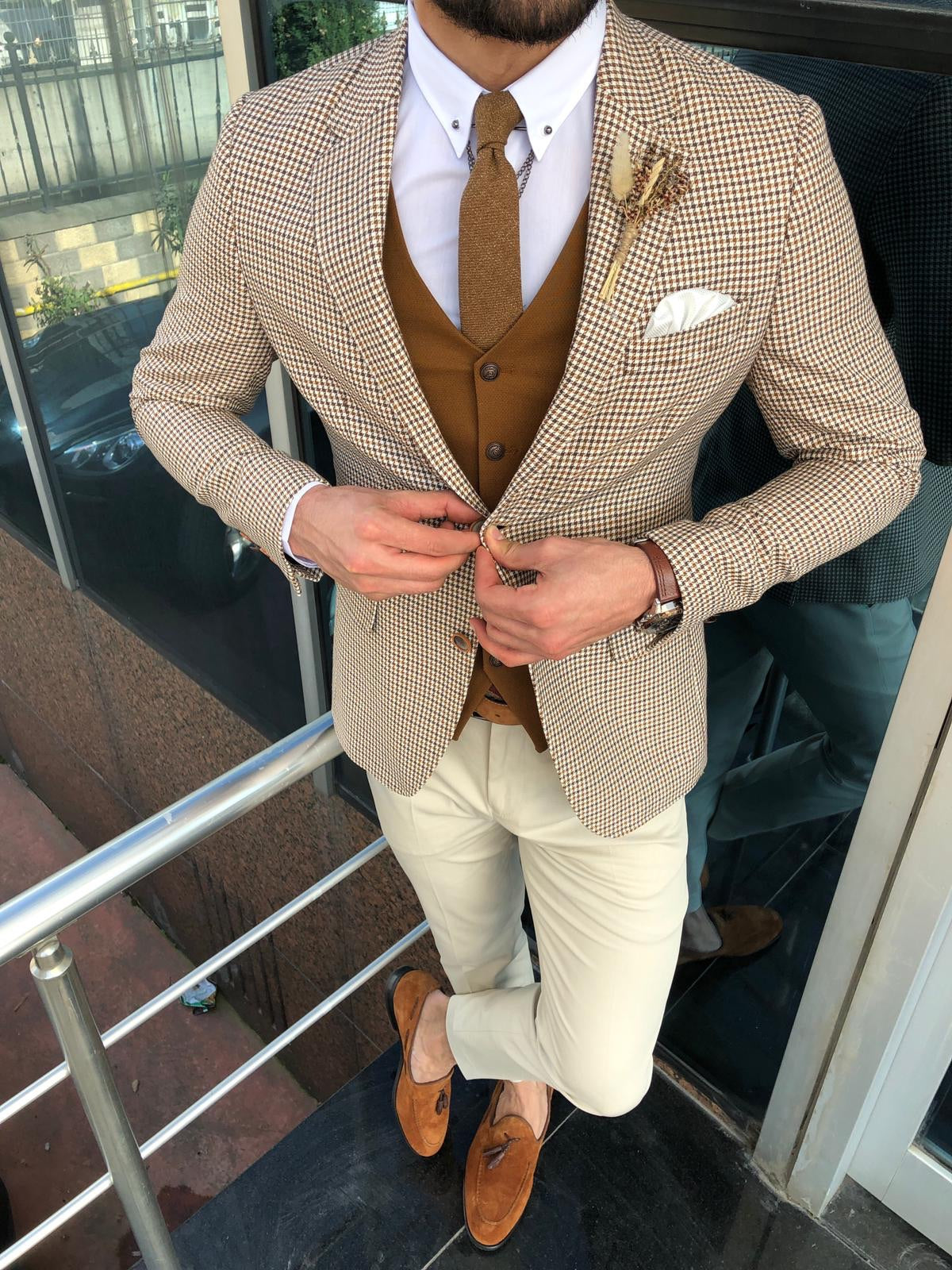 Slim-Fit Plaid Suit Vest Camel-baagr.myshopify.com-suit-BOJONI