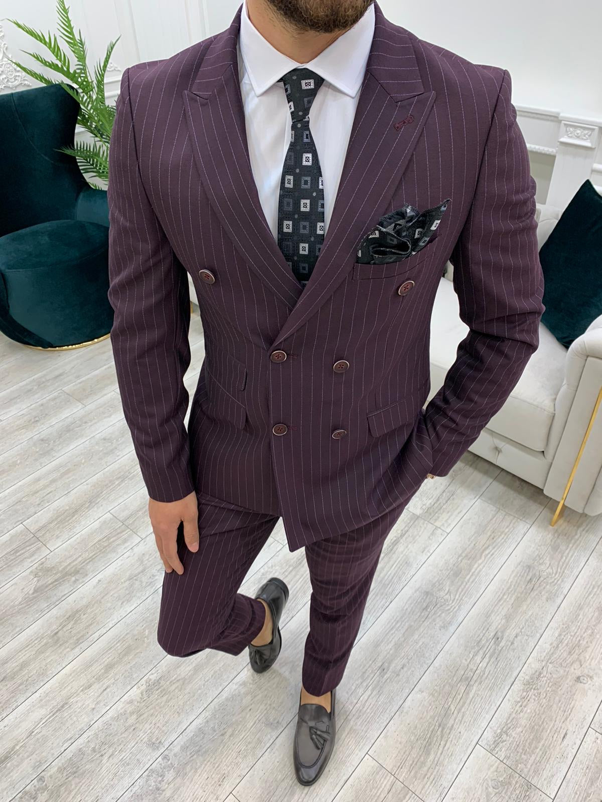 Furino Burgundy Slim Fit Double Breasted Pinstripe Suit-baagr.myshopify.com-1-BOJONI