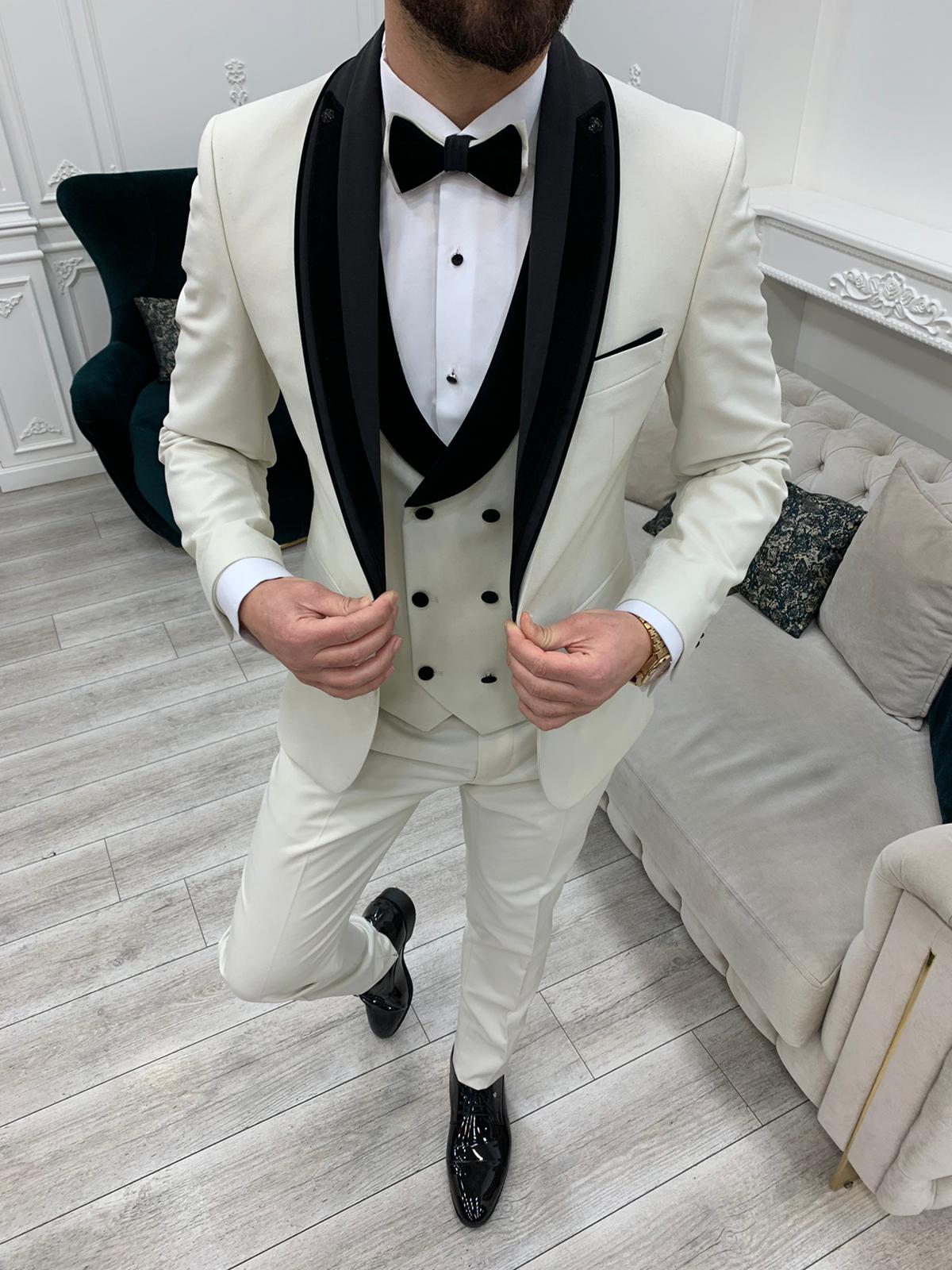 Bojoni Tishko White Velvet Shawl Collar Slim Fit Tuxedo