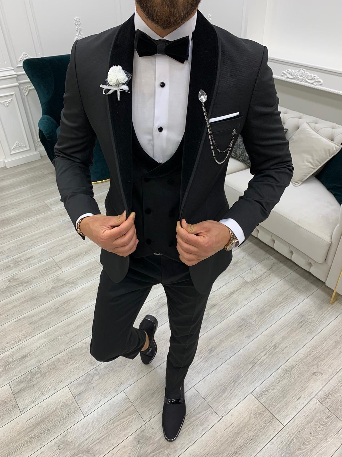 Ventura Black Slim Fit Velvet Peak Lapel Tuxedo-baagr.myshopify.com-1-BOJONI