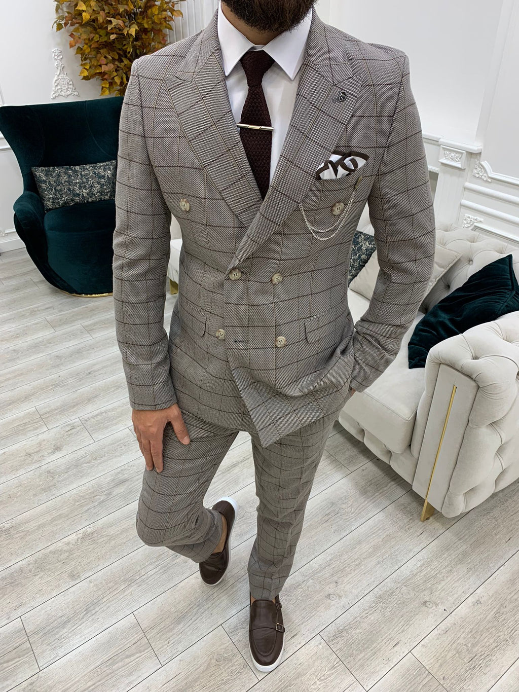 Rosario Light Brown Slim Fit Double Breasted Plaid Suit-baagr.myshopify.com-1-BOJONI