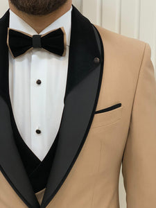 Bojoni Tishko Cream Velvet Shawl Collar Slim Fit Tuxedo