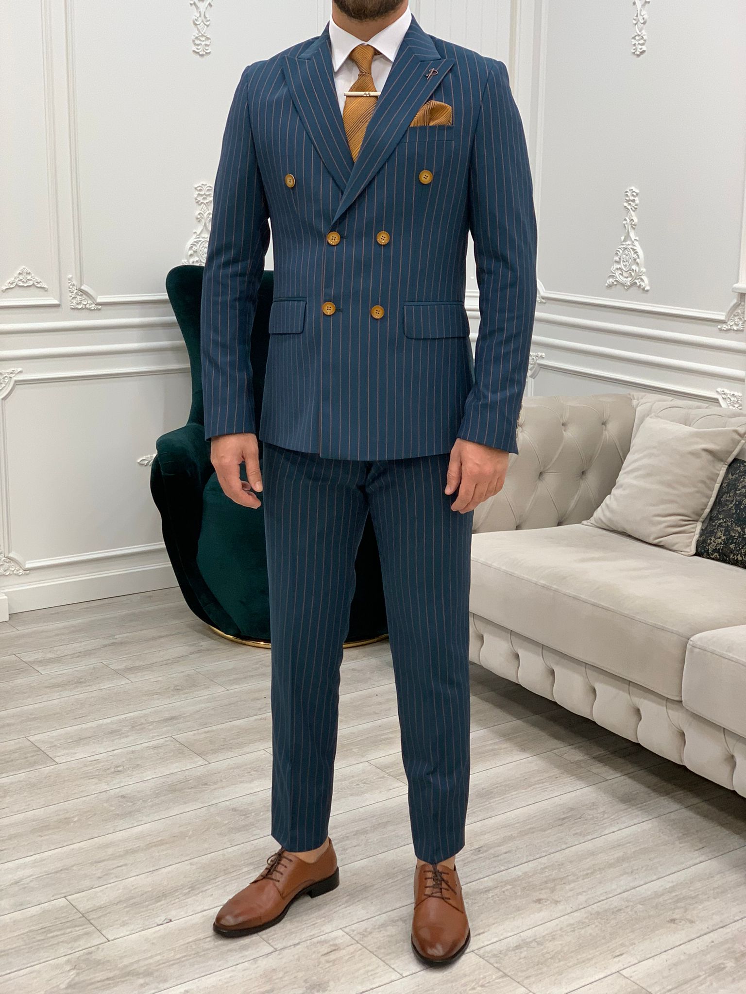 Bojoni Double Breasted Blue Slim Fit Suit