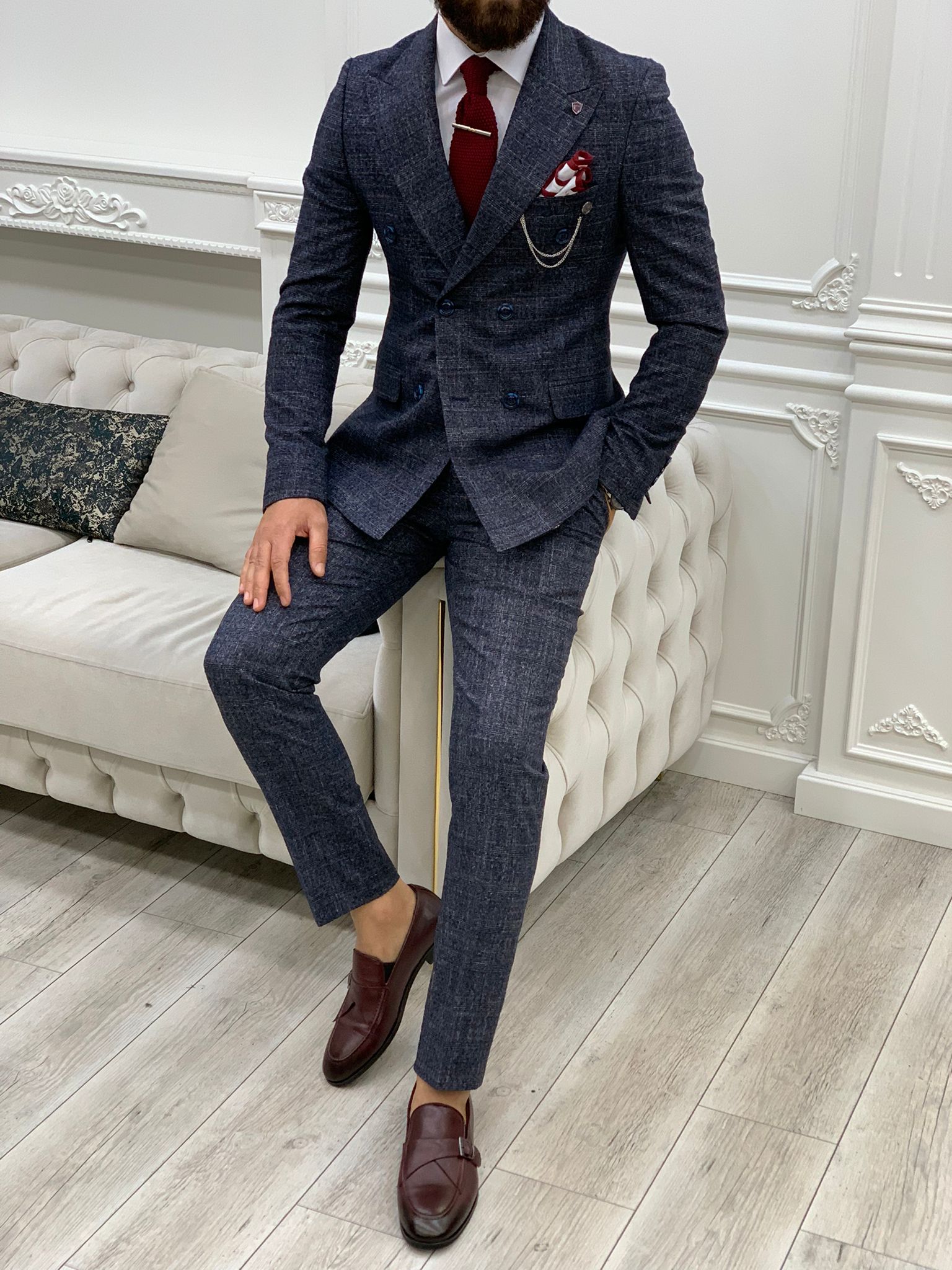 Vince Navy Blue Slim Fit Double Breasted Suit-baagr.myshopify.com-1-BOJONI