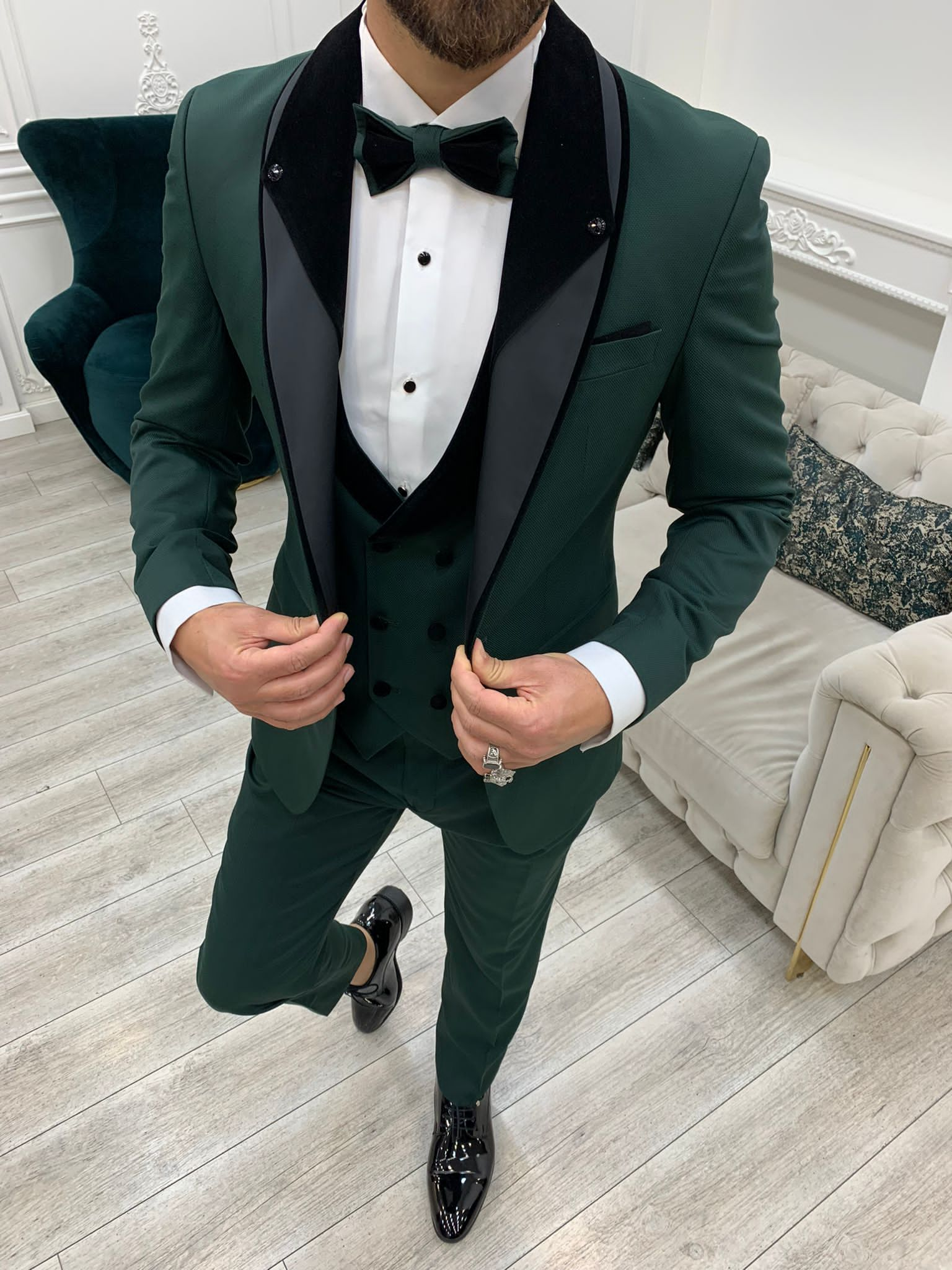 Bojoni Valencia Green Shawl Velvet Collar Slim Fit Tuxedo