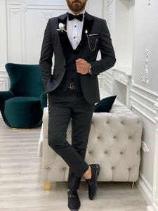 Moncani  Black Slim Fit Velvet Peak Lapel Tuxedo-baagr.myshopify.com-1-BOJONI