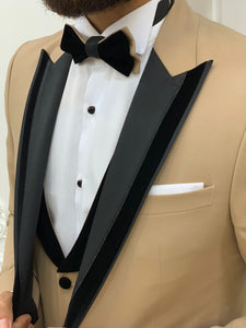 Moncani Dark Cream Slim Fit Velvet Peak Lapel Tuxedo-baagr.myshopify.com-1-BOJONI