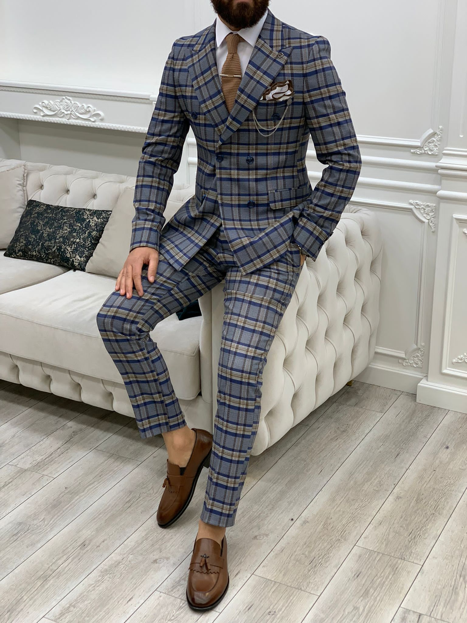 Vince Blue Slim Fit Double Breasted Plaid Suit-baagr.myshopify.com-1-BOJONI