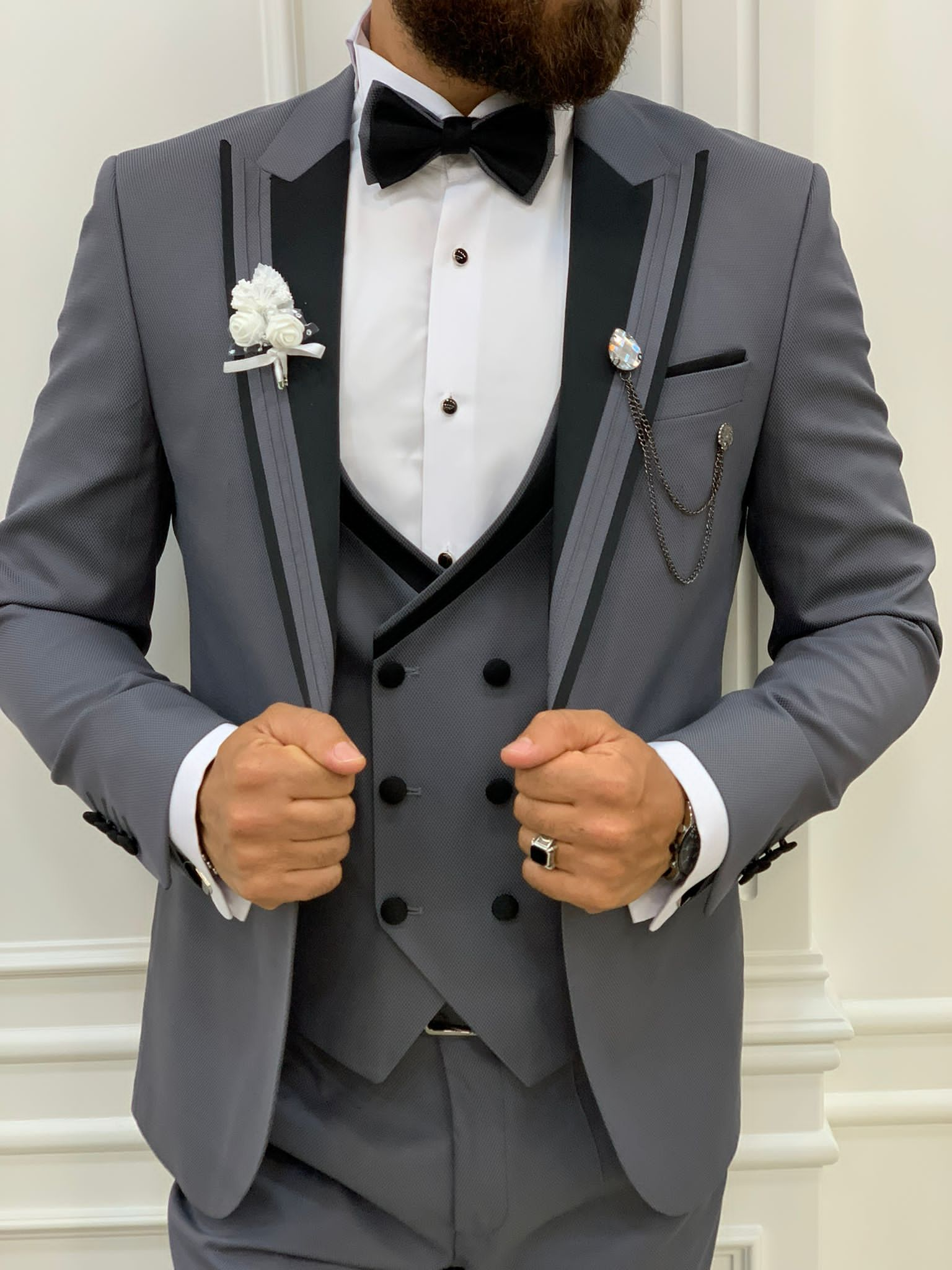 Fettachi Gray Slim Fit Peak Lapel Tuxedo-baagr.myshopify.com-1-BOJONI