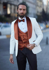 Rick Slim Fit Custom Design White & Brown Tuxedo