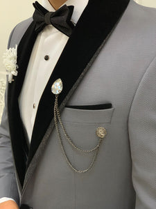 Fettachi Gray Slim Fit Velvet Peak Lapel Tuxedo-baagr.myshopify.com-1-BOJONI