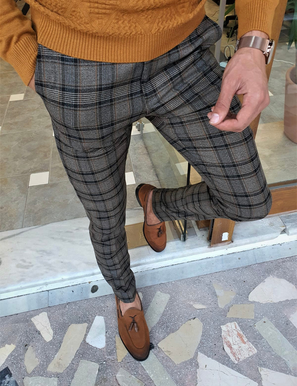 Garuzo Camel Slim Fit Plaid Pants-baagr.myshopify.com-Pants-BOJONI