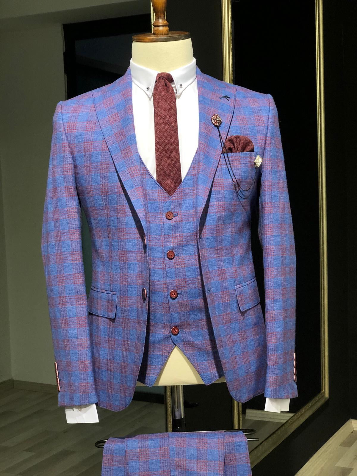 Folndess Slim-Fit Plaid Suit Vest Sax-baagr.myshopify.com-suit-BOJONI