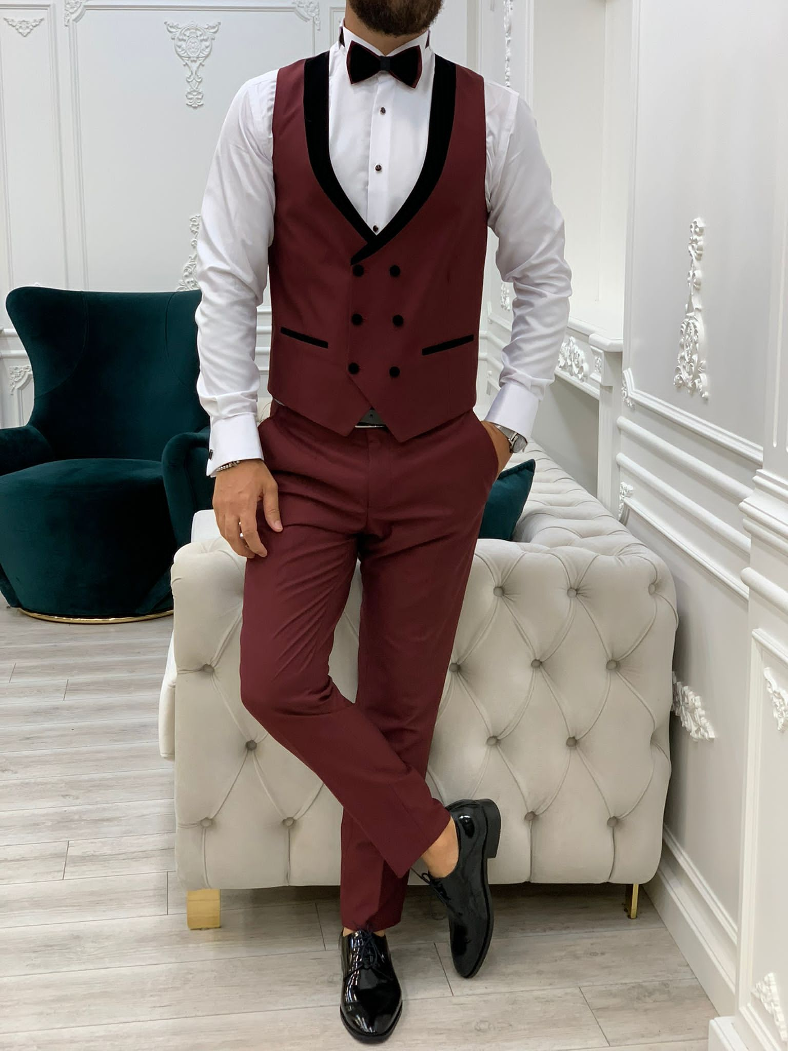 Fettachi Burgundy Slim Fit Velvet Peak Lapel Tuxedo-baagr.myshopify.com-1-BOJONI