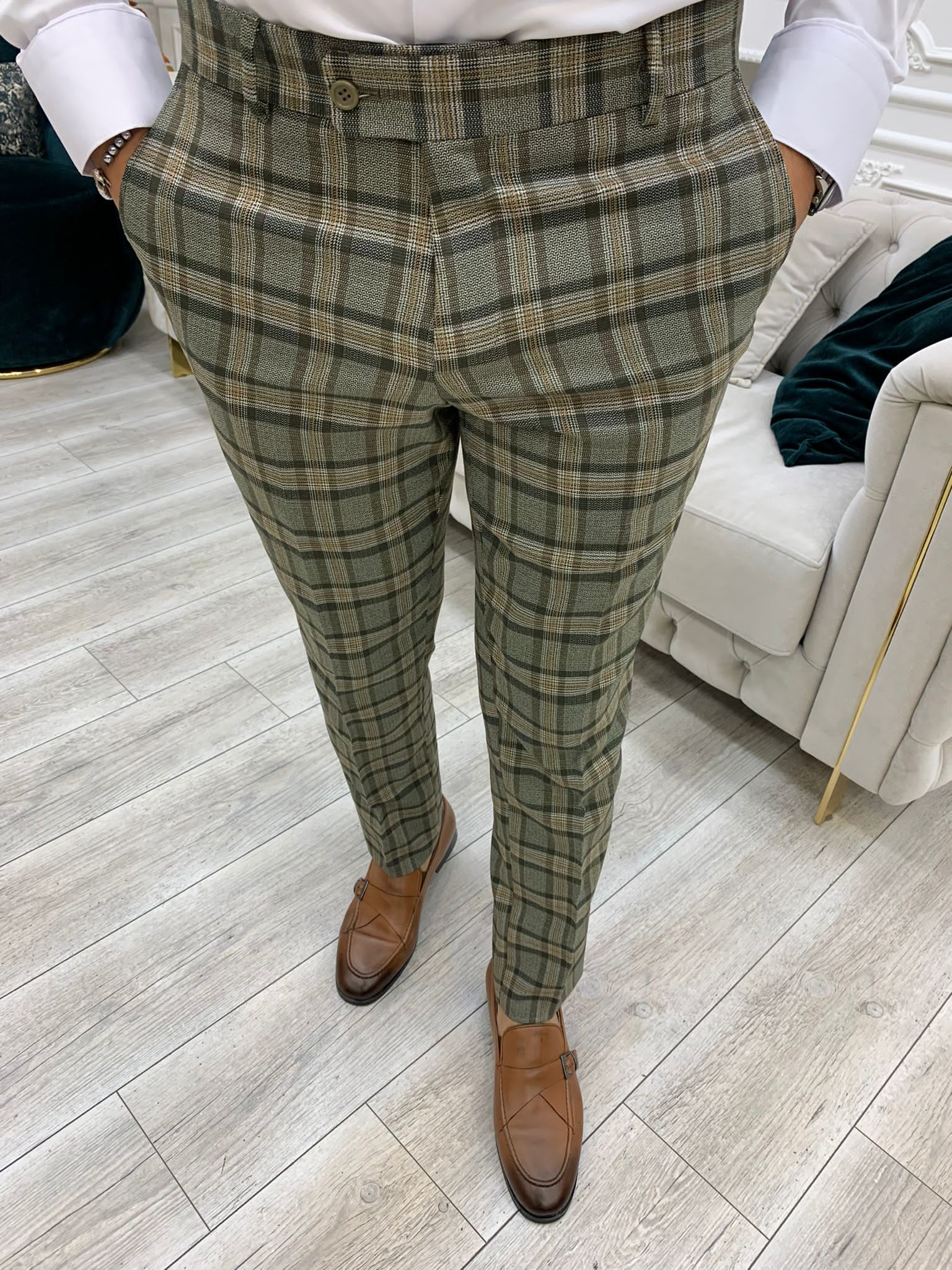 Vince Khaki Slim Fit Double Breasted Plaid Suit-baagr.myshopify.com-1-BOJONI