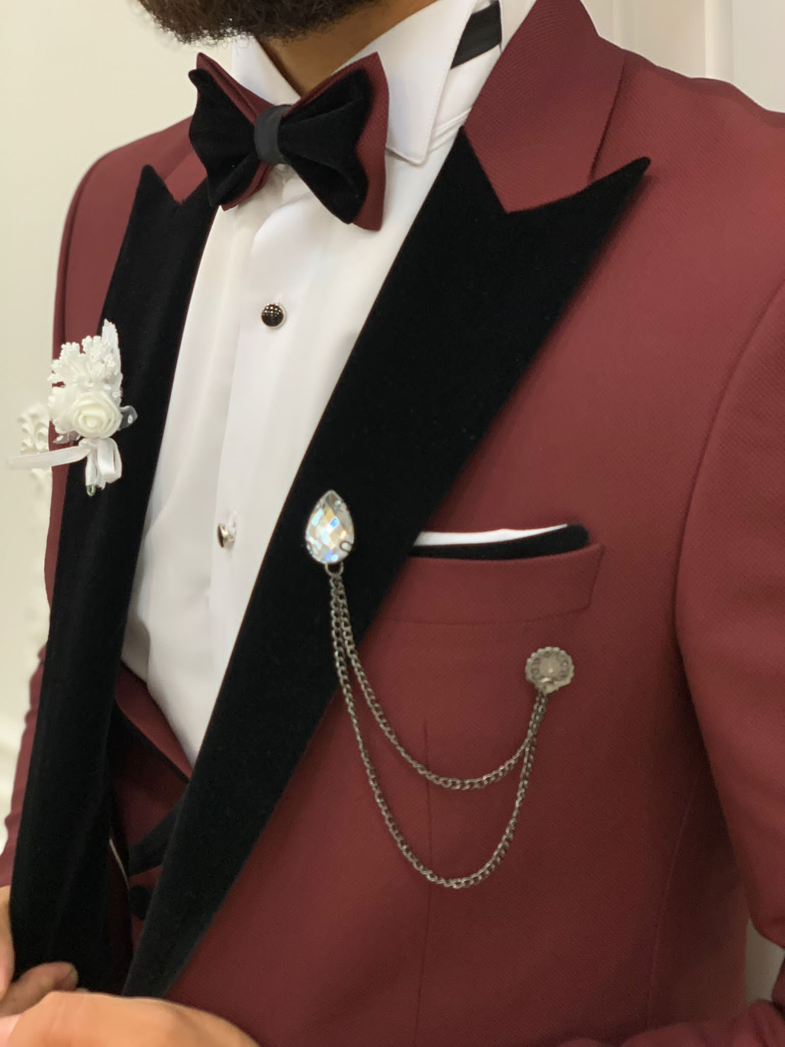 Fettachi Burgundy Slim Fit Velvet Peak Lapel Tuxedo-baagr.myshopify.com-1-BOJONI