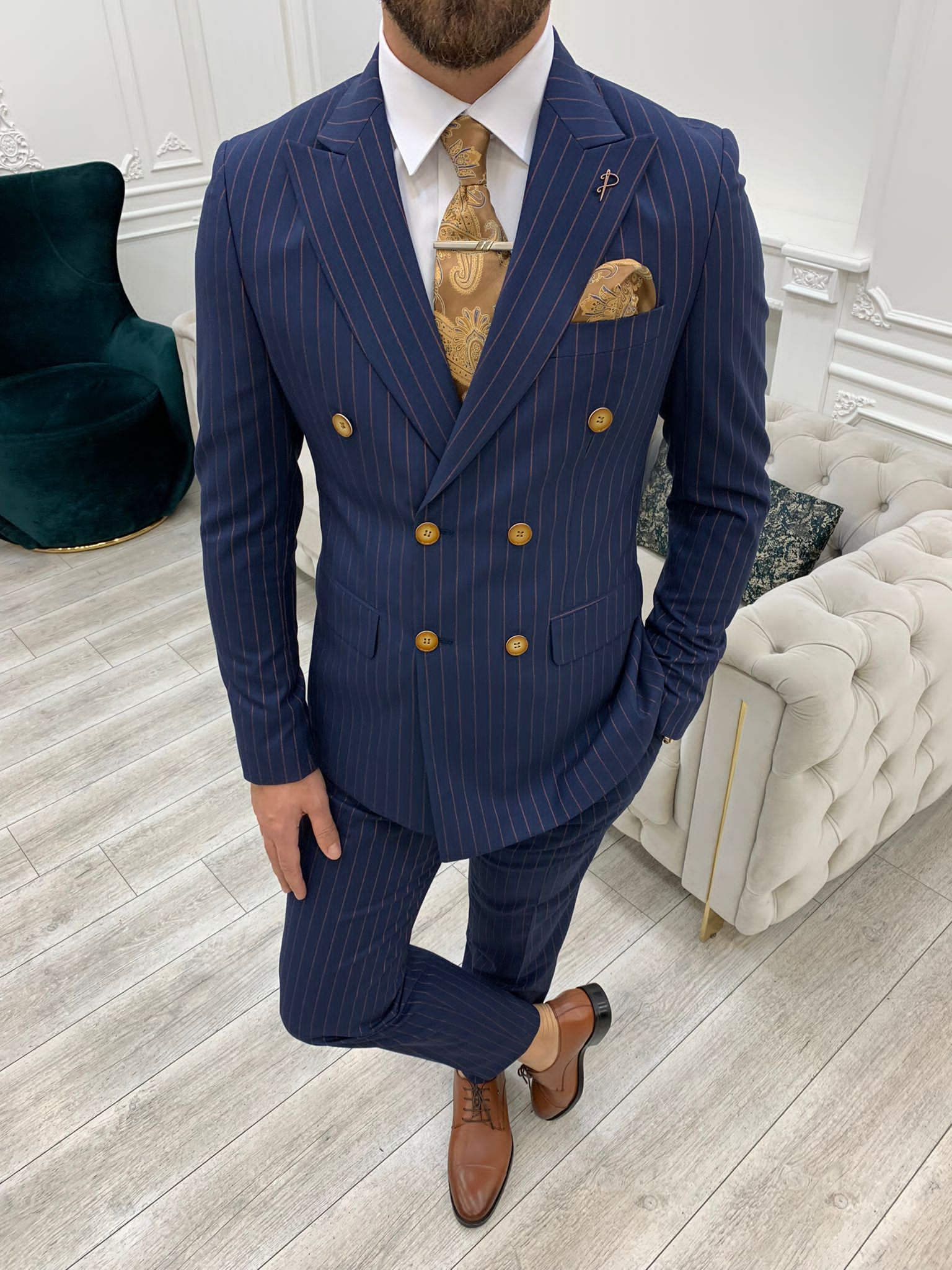 Bojoni Double Breasted Navy Blue Slim Fit Suit