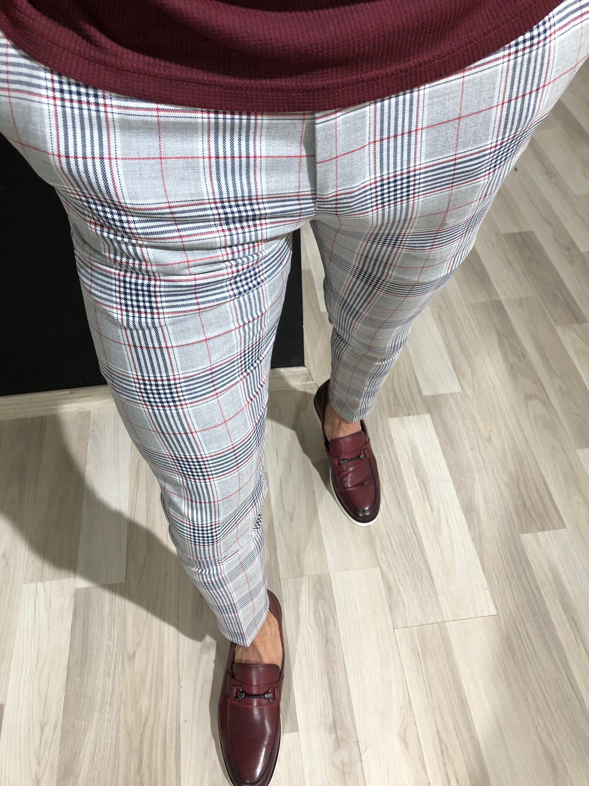 Slim Fit Plaid Pants in Claret Red-baagr.myshopify.com-Pants-BOJONI