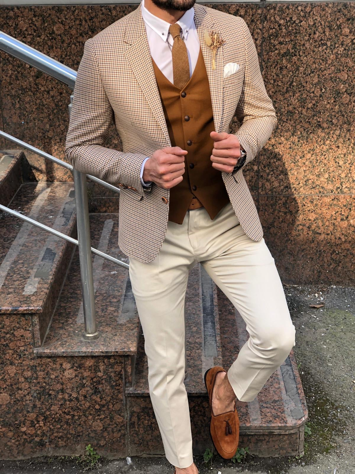 Slim-Fit Plaid Suit Vest Camel-baagr.myshopify.com-suit-BOJONI