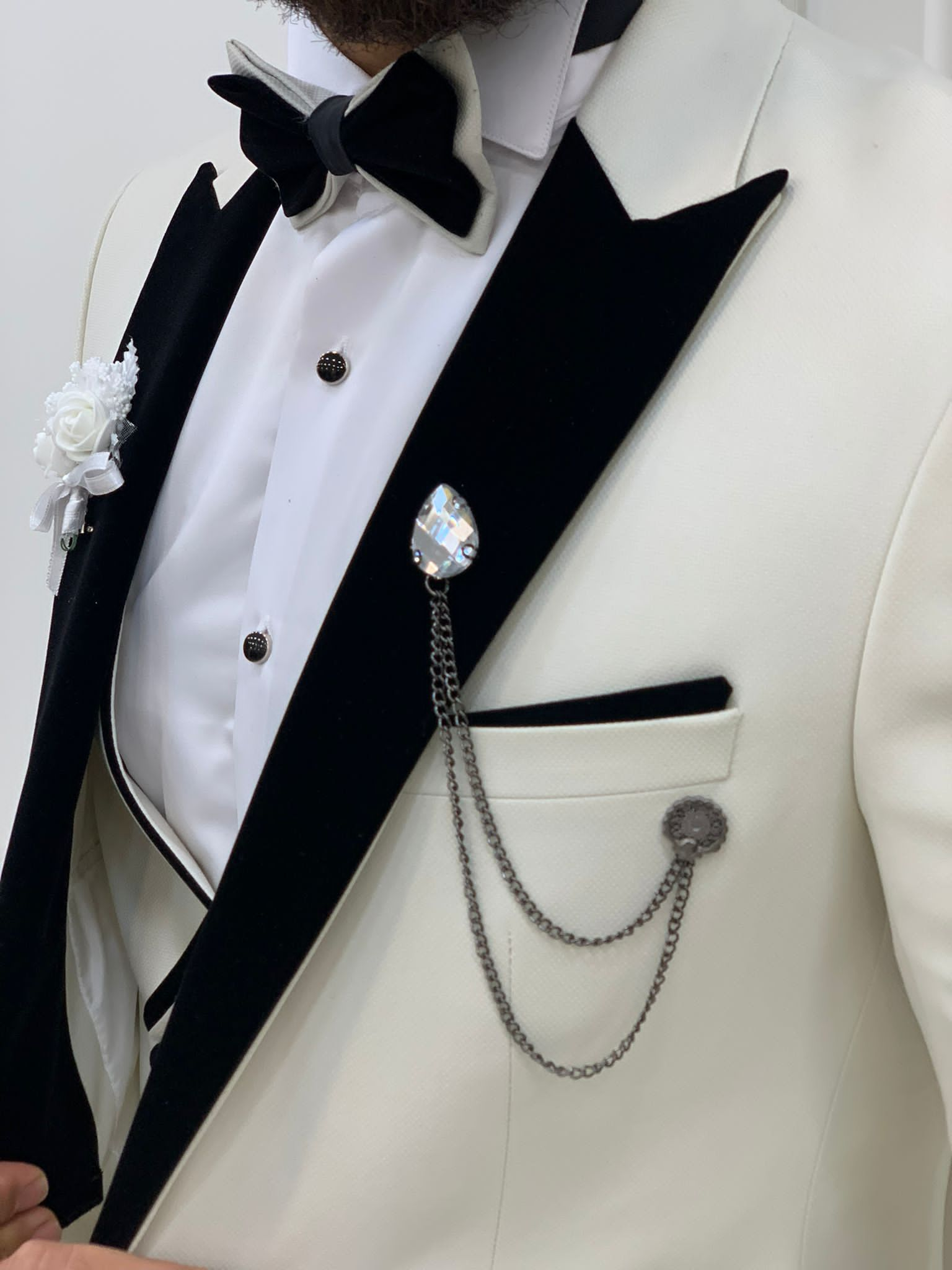 Fettachi White Slim Fit Velvet Peak Lapel Tuxedo-baagr.myshopify.com-1-BOJONI