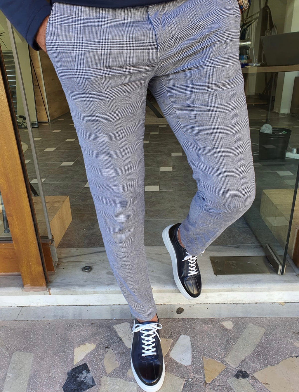 Vicenza Navy Blue Slim Fit Plaid Cotton Pants-baagr.myshopify.com-Pants-BOJONI