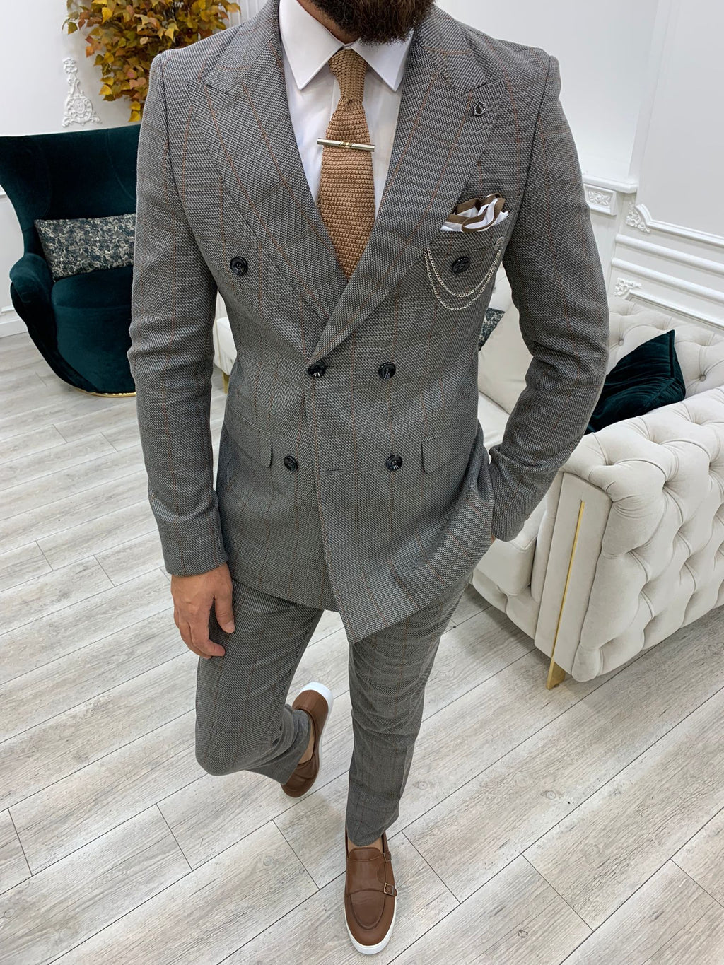 Rosario Light Gray Slim Fit Double Breasted Plaid Suit-baagr.myshopify.com-1-BOJONI