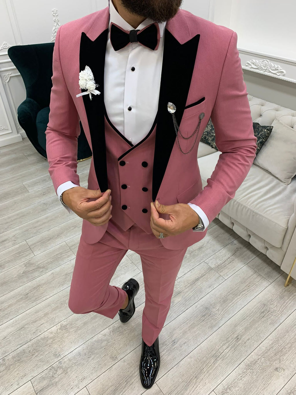 Fettachi Pink Slim Fit Velvet Peak Lapel Tuxedo-baagr.myshopify.com-1-BOJONI