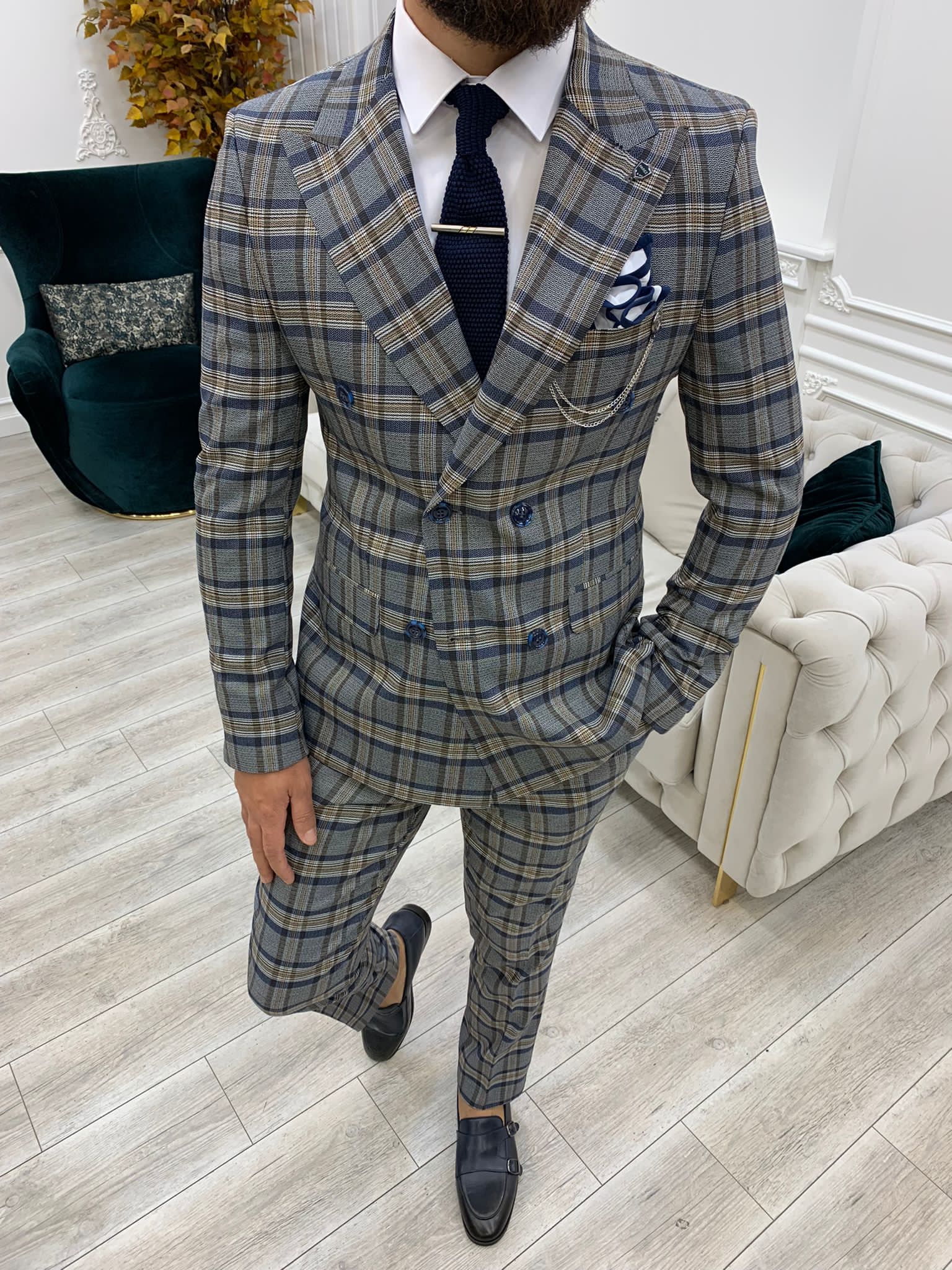 Vince Navy Blue Slim Fit Double Breasted Plaid Suit-baagr.myshopify.com-1-BOJONI