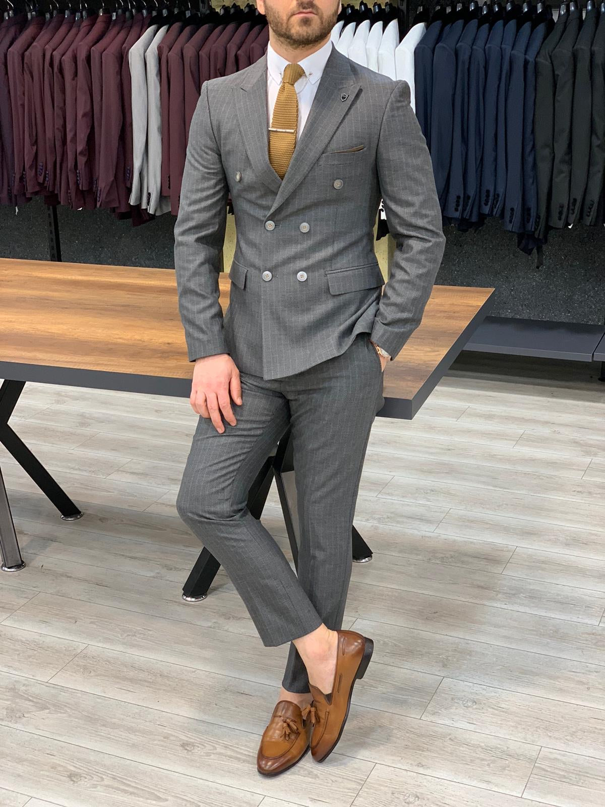 Zapali Gray Double Breasted Slim Fit  Suit-baagr.myshopify.com-1-BOJONI