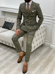 Vince Khaki Slim Fit Double Breasted Plaid Suit-baagr.myshopify.com-1-BOJONI