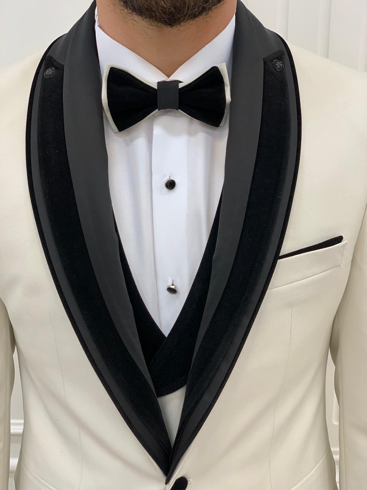 Bojoni Tishko White Velvet Shawl Collar Slim Fit Tuxedo