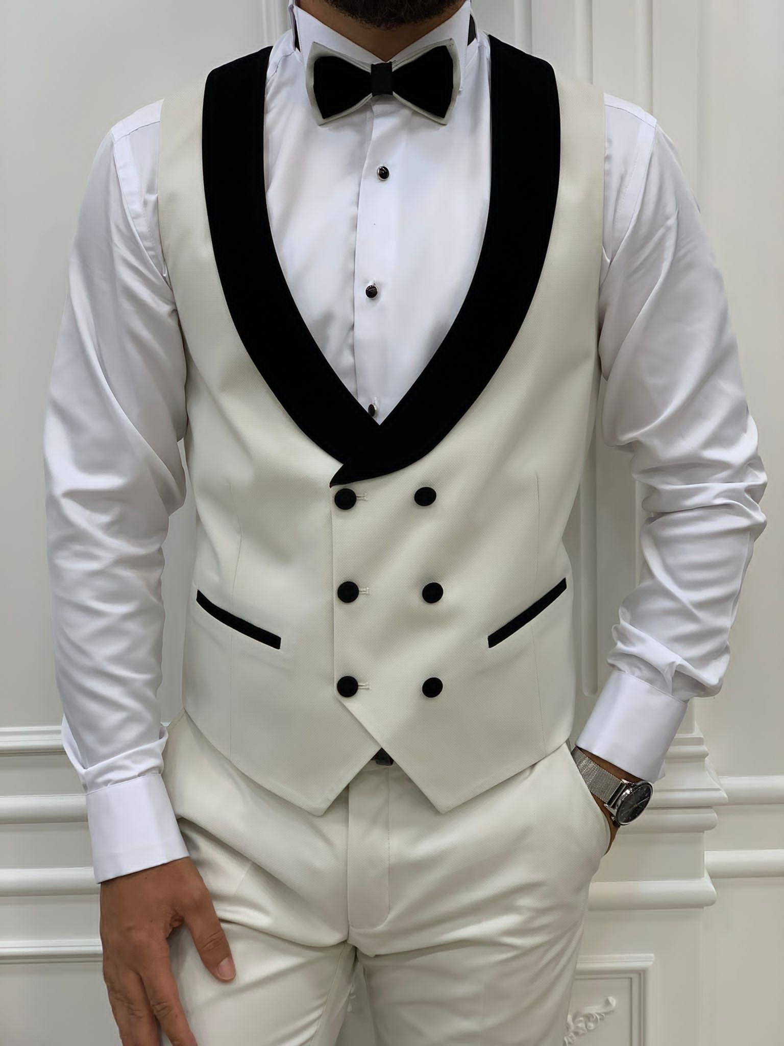 Fettachi White Slim Fit Velvet Peak Lapel Tuxedo-baagr.myshopify.com-1-BOJONI