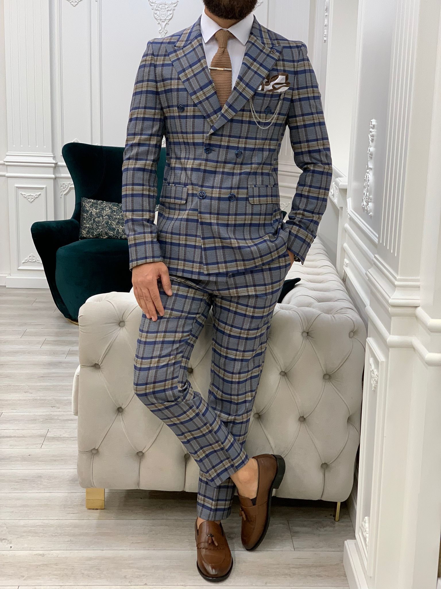 Vince Blue Slim Fit Double Breasted Plaid Suit-baagr.myshopify.com-1-BOJONI