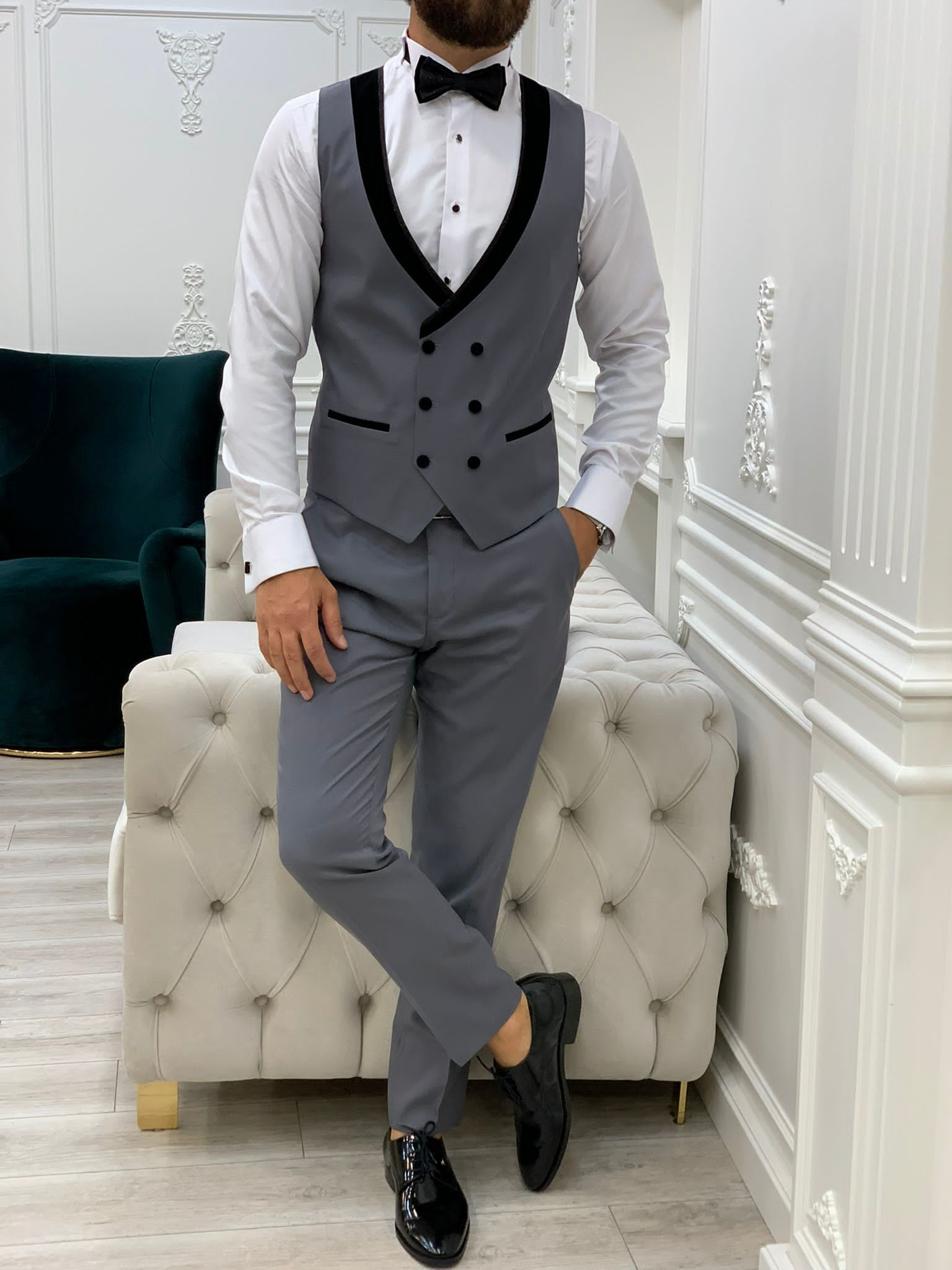 Fettachi Gray Slim Fit Velvet Peak Lapel Tuxedo-baagr.myshopify.com-1-BOJONI