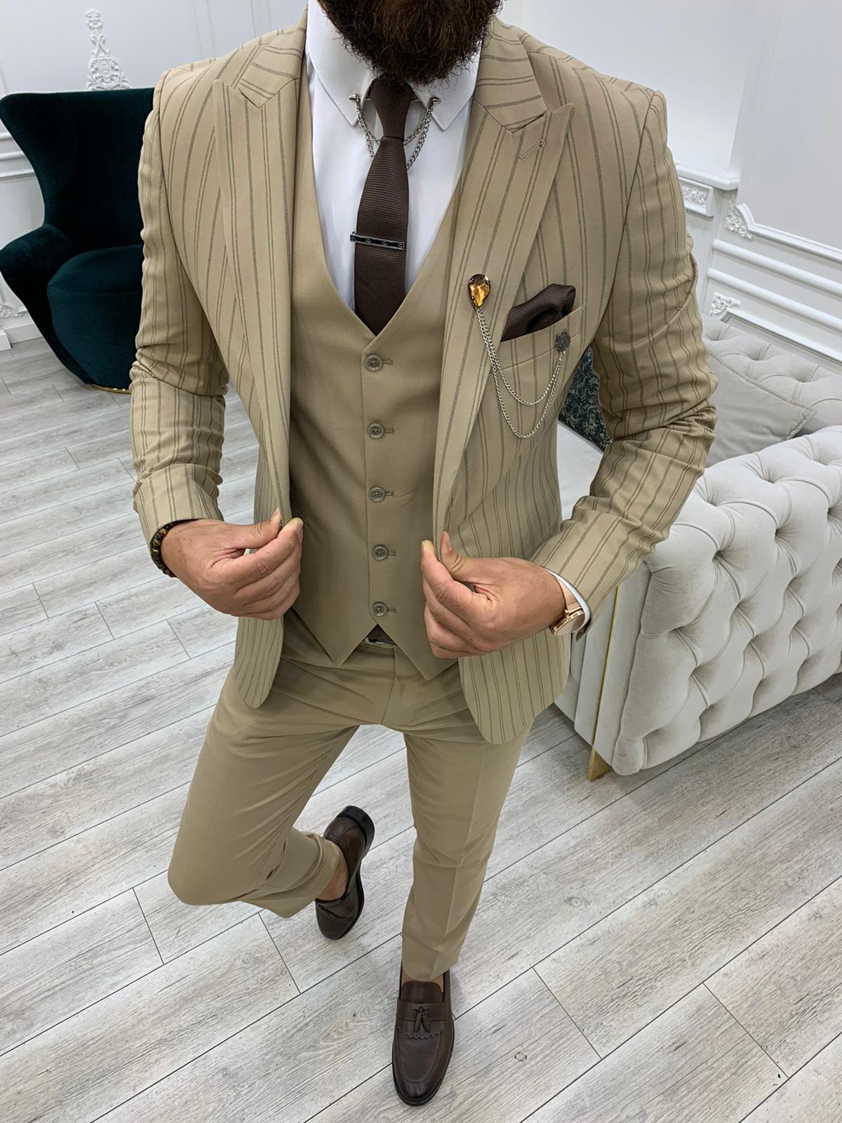 Lambrusco Cream Slim Fit Peak Lapel Striped Suit-baagr.myshopify.com-1-BOJONI