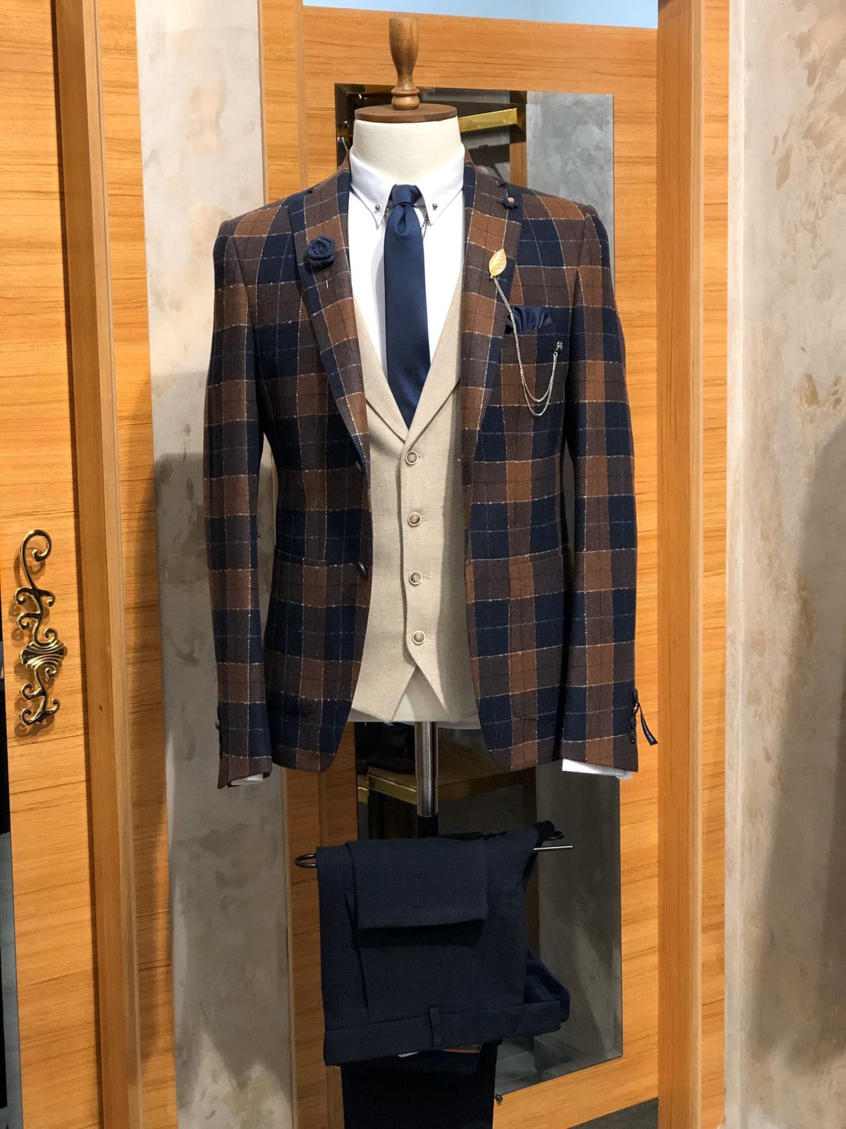 Planc Slim-Fit Plaid Wool Suit Dark Blue & Tile-baagr.myshopify.com-suit-BOJONI