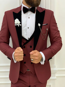 Fettachi Burgundy Slim Fit Velvet Peak Lapel Tuxedo-baagr.myshopify.com-1-BOJONI