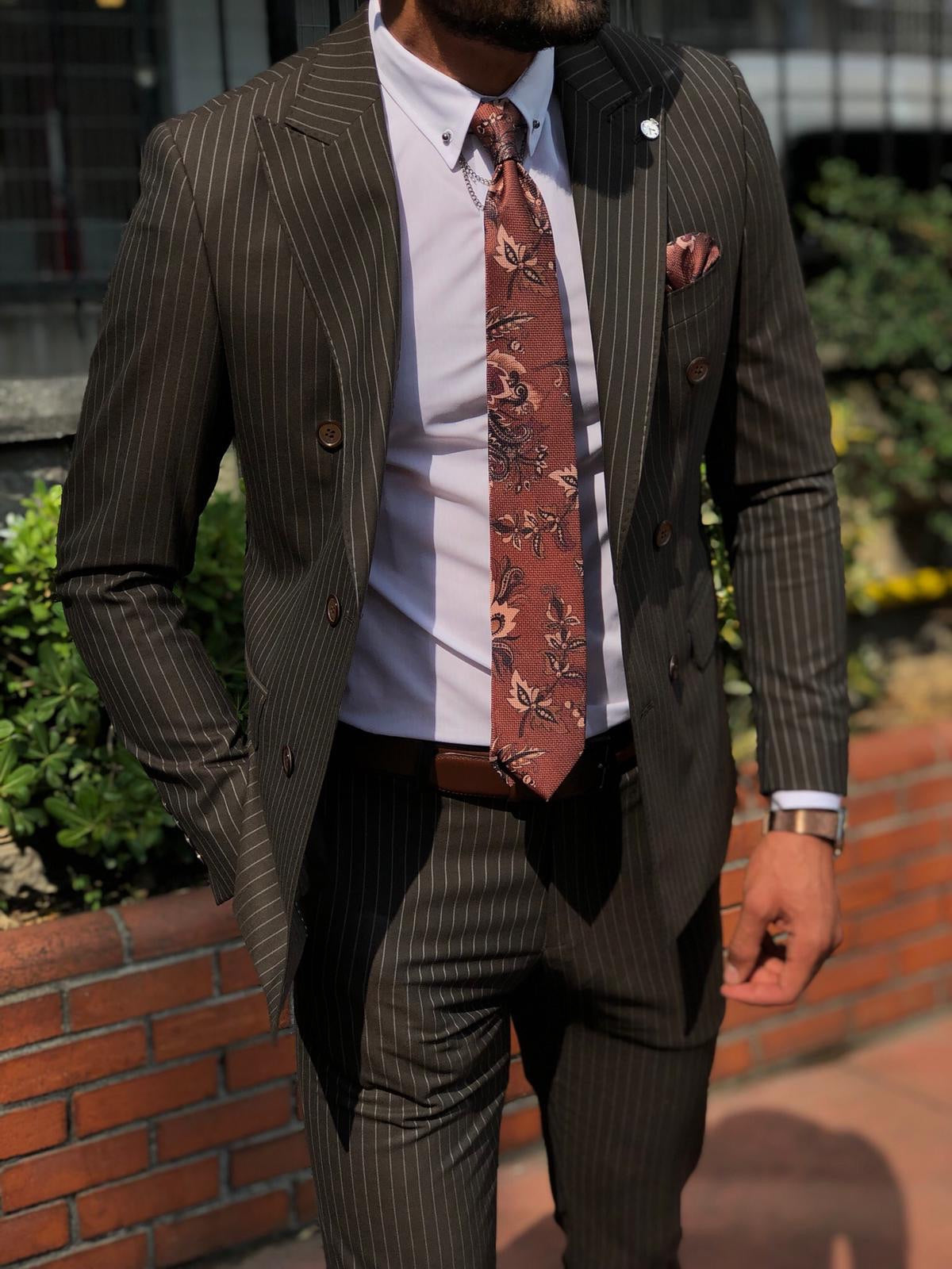 Mustard Slim-Fit Striped Double Breasted  Suit Vest Brown-baagr.myshopify.com-suit-BOJONI