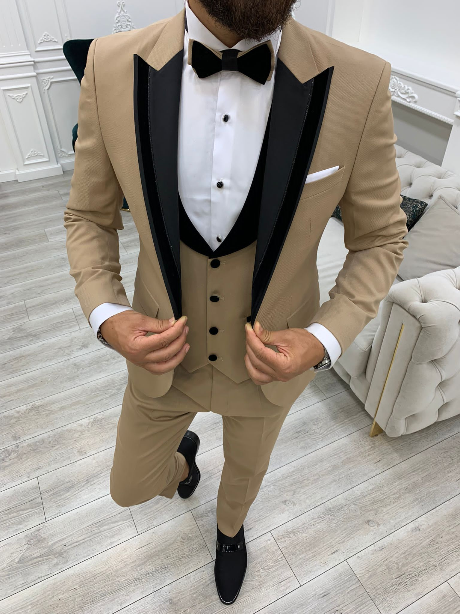 Moncani Dark Cream Slim Fit Velvet Peak Lapel Tuxedo-baagr.myshopify.com-1-BOJONI