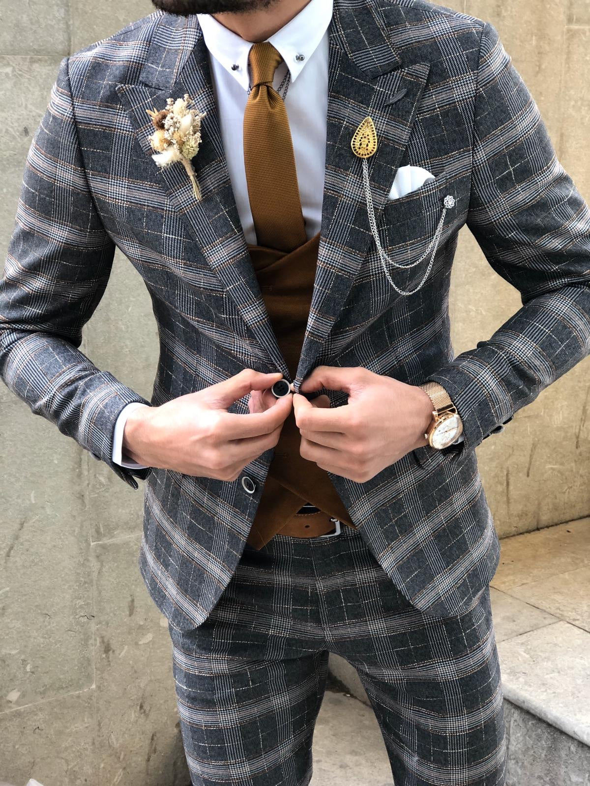 Slim-Fit Plaid Suit Vest Camel & Black-baagr.myshopify.com-suit-BOJONI