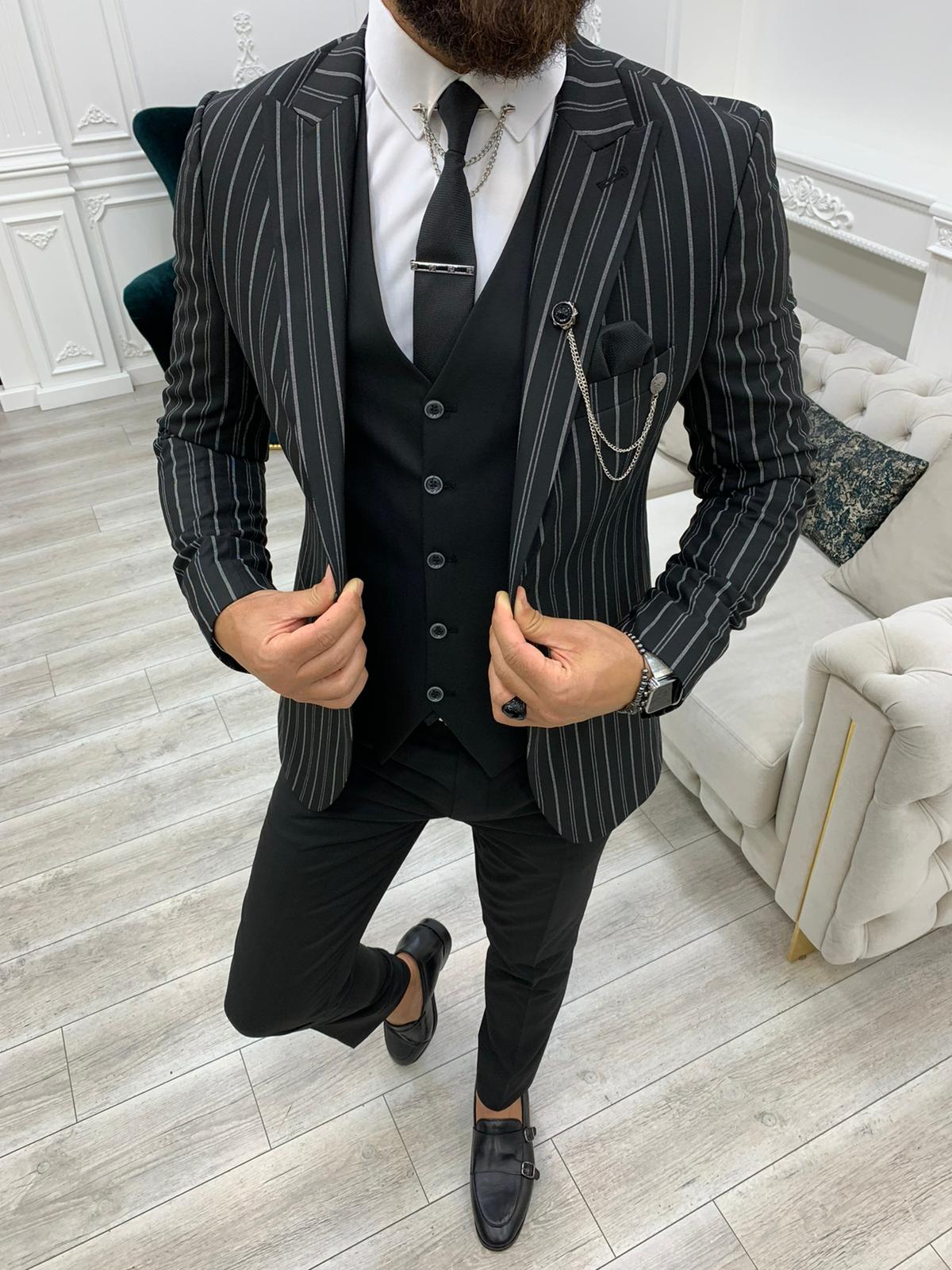 Lambrusco Black  Slim Fit Peak Lapel Striped Suit-baagr.myshopify.com-1-BOJONI