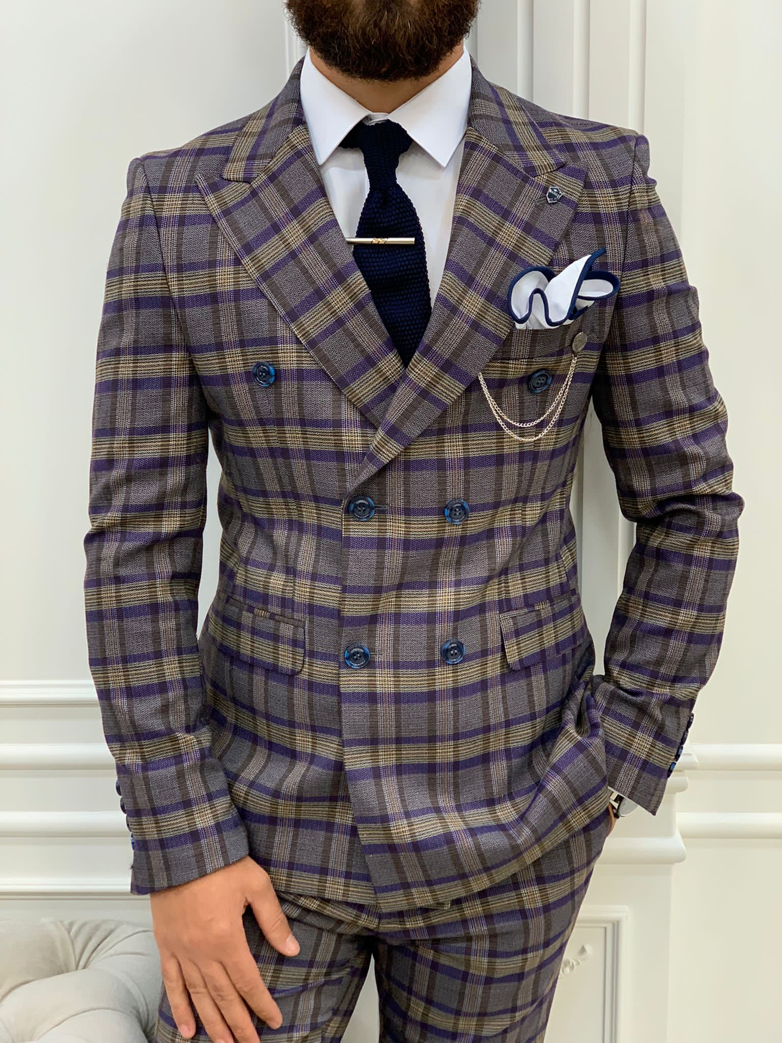 Vince Purple Slim Fit Double Breasted Plaid Suit-baagr.myshopify.com-1-BOJONI