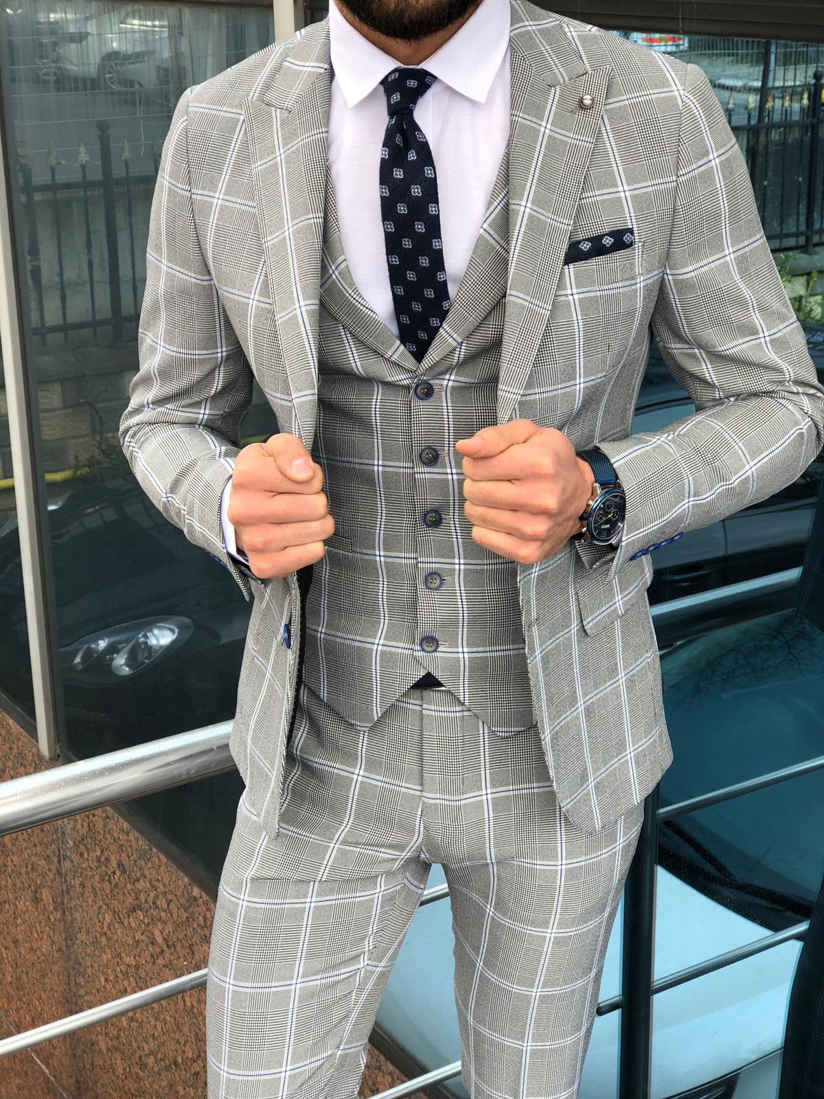 Slim-Fit Plaid  Suit Vest Gray-baagr.myshopify.com-suit-BOJONI